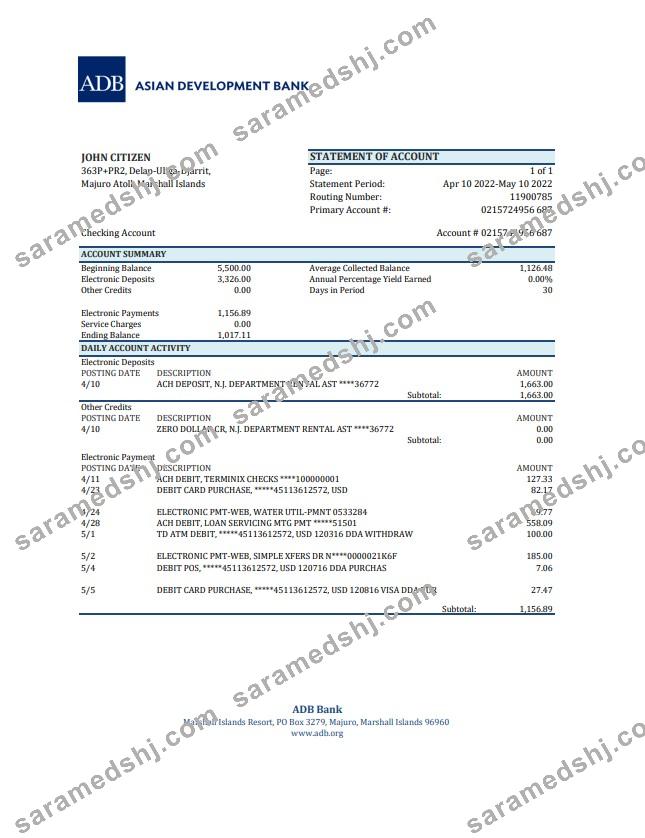 Marshall Islands ADB bank statement xls